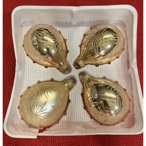 Vintage Christmas by Krebs Gold Teardrop Flower Set of 4 Glass Ornaments